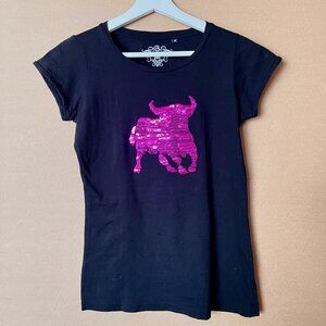 LK  Textile Collections Sequined Bull Design Tee in Bright Pink on black Size M